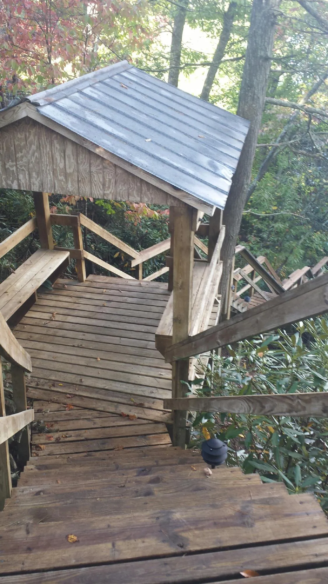 Metal roofed shelter over wooden steps on a wooded walkway — Skylight Repair & Installation work by our crew in Arlee